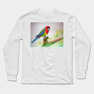 Colourful Rosella On a Branch Watercolor Painting Long Sleeve T-Shirt